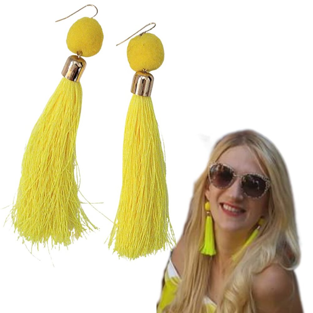 Bright Yellow Pom Pom Tassel Earrings